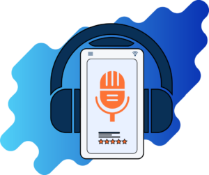 Podcast on phone with headphones